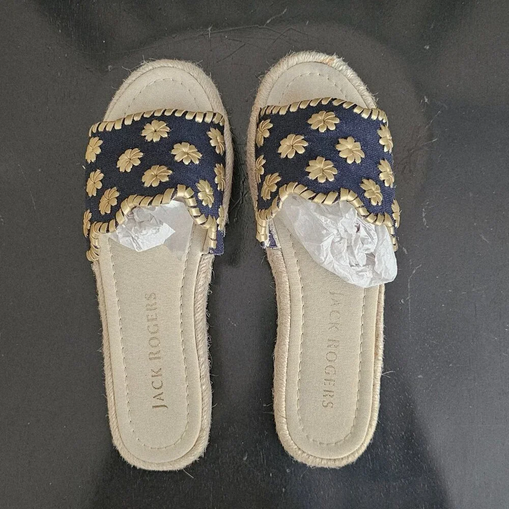 Jack Rogers Navy and Gold Floral Espadrille Slide Sandals